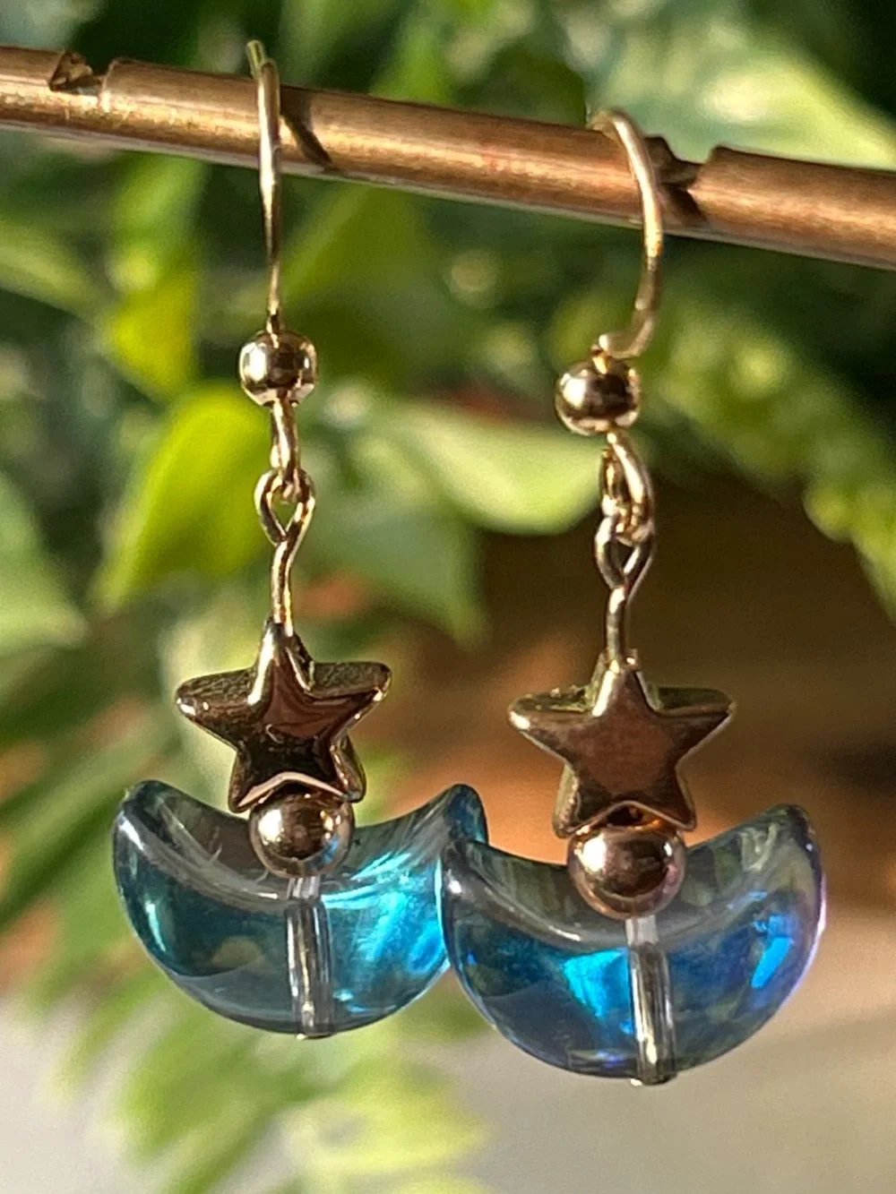 Gold Star Drop Earrings with Blue Crescent Moon